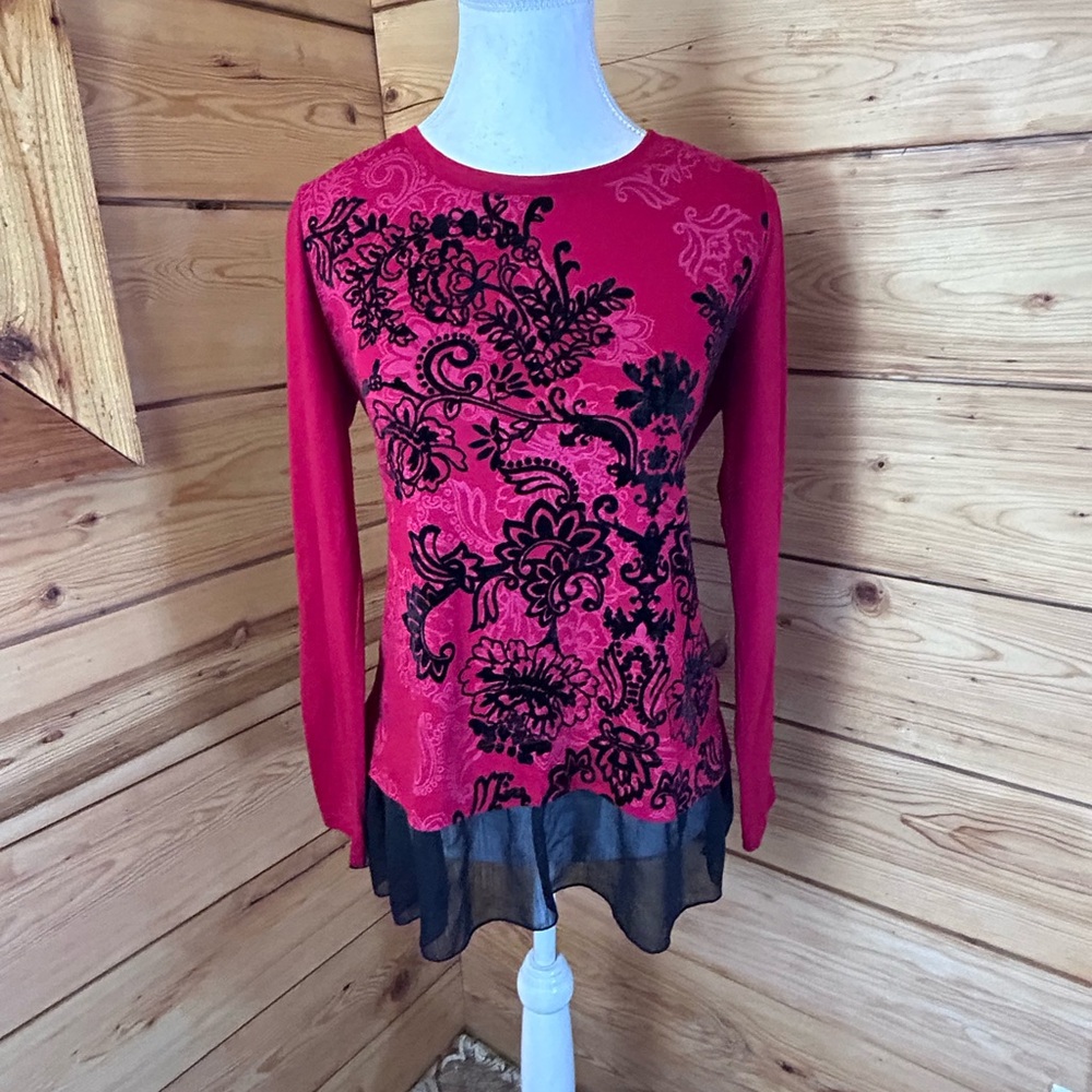 Red Flocked Floral Tunic Sheer Hem Long Sleeve‎ Romantic Boho Top Medium Velvet